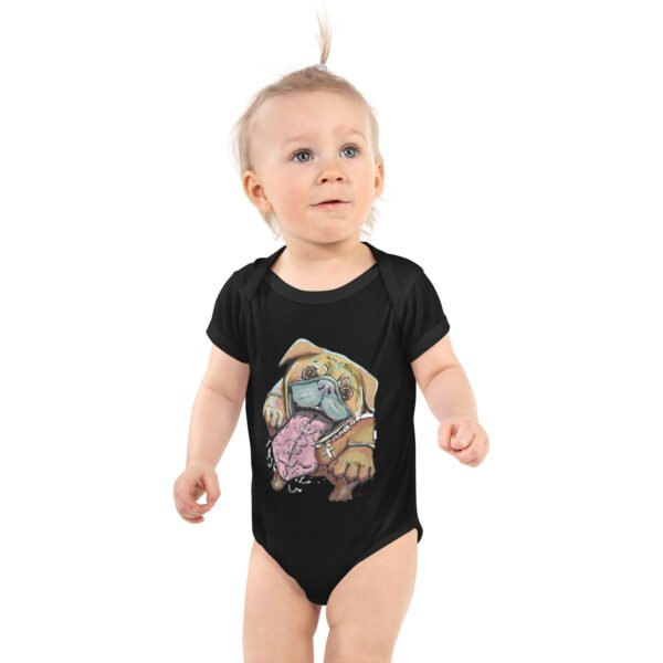 toddler wearing onsie with See-Key Pug Love